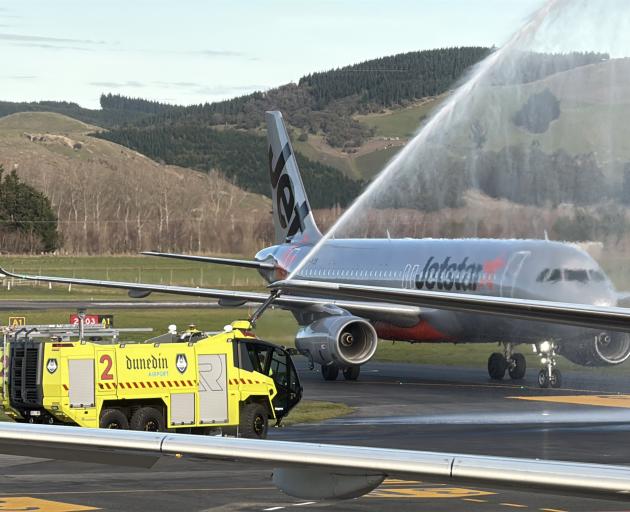 The JetStar flight is welcomed to Dunedin. Photo: Craig Baxter 