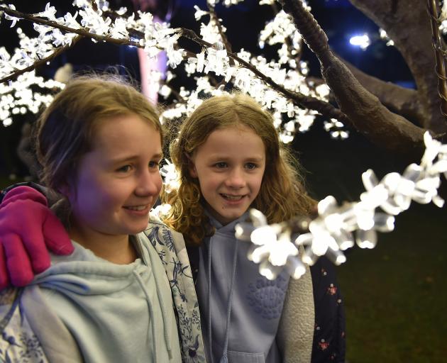 Sisters (from left) Charlotte, 10, and Clara Pleace admire a lighting installation at the...