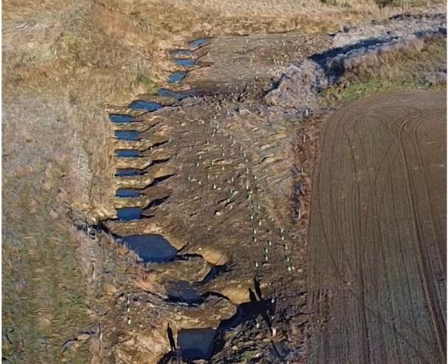 A terraced wetland down a gully fed by a tile drain on Brendon Stevens' dairy farm in Northern...