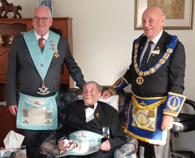 Celebrating 60 years of Masonic Lodge membership are (from left) master Robin Gourdie, past...