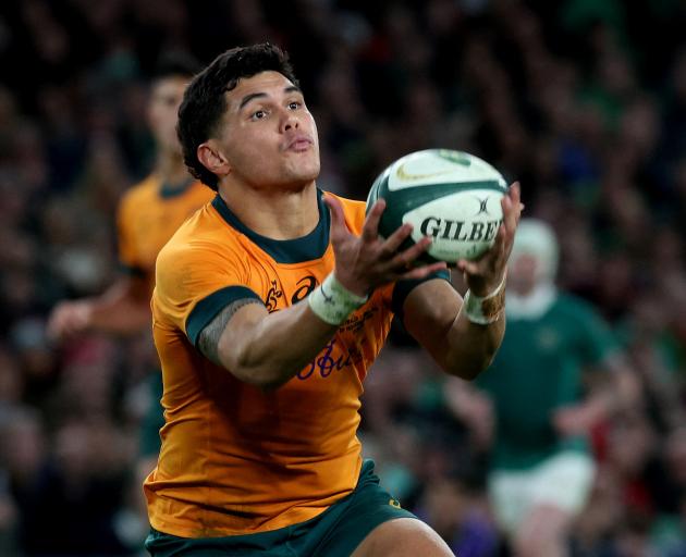 First-choice flyhalf Noah Lolesio is out with a neck injury. Photo: Reuters