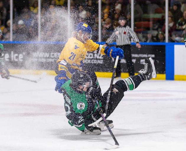 SkyCity Stampede’s Dylan Devlin collides with Phoenix Thunder’s Jacob Hurring the last time the...