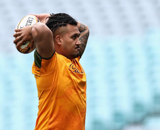 Brandon Paenga-Amosa prepares to throw a ball to a lineout at the Wallabies captain's run in...