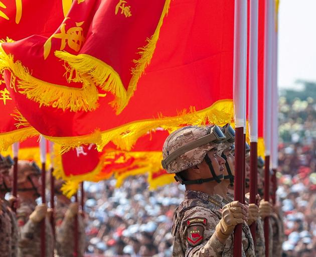 Soldiers in a military parade to mark the 80th anniversary of the end of World War 2, in Beijing....