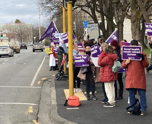 Dunedin nurses on strike at the museum reserve this morning. Photo: Stephen Jaquiery 