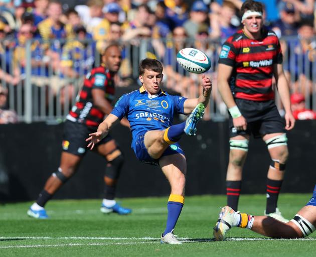 Otago halfback Dylan Pledger clears the ball. PHOTO: NZ RUGBY/SMARTFRAME