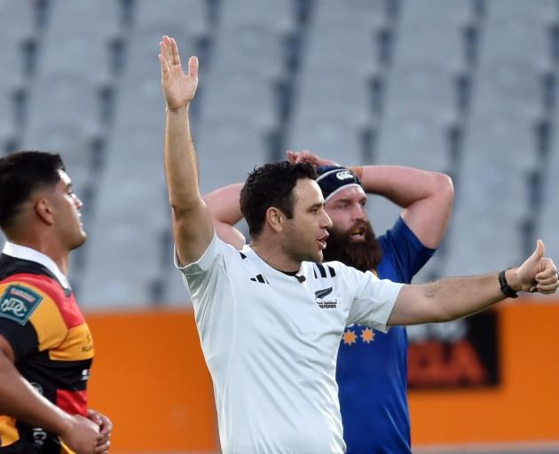 Ben O'Keeffe controls proceedings during the NPC quarterfinal between Otago and Waikato at...