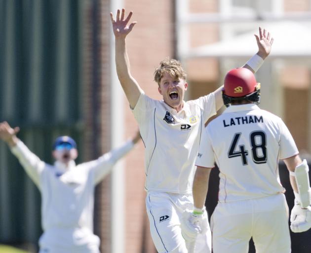 Otago captain Luke Georgeson successfully appeals for lbw against Canterbury batter Chad Bowes...