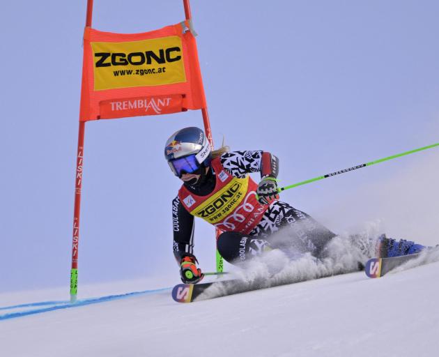 Queenstown skier Alice Robinson rounds a flag during the second of two world cup races at Mont...