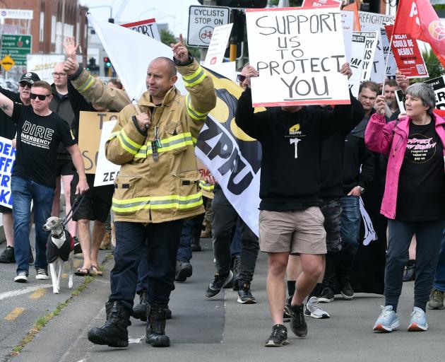 Dunedin firefighters on strike last month. Photo: Peter McIntosh 