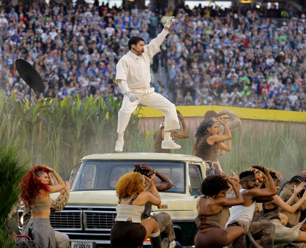 Bad Bunny performs during the Super Bowl halftime show. Photo: Reuters 