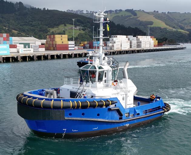 Port Otago’s latest tug, Otepoti, arrives in the harbour basin yesterday.