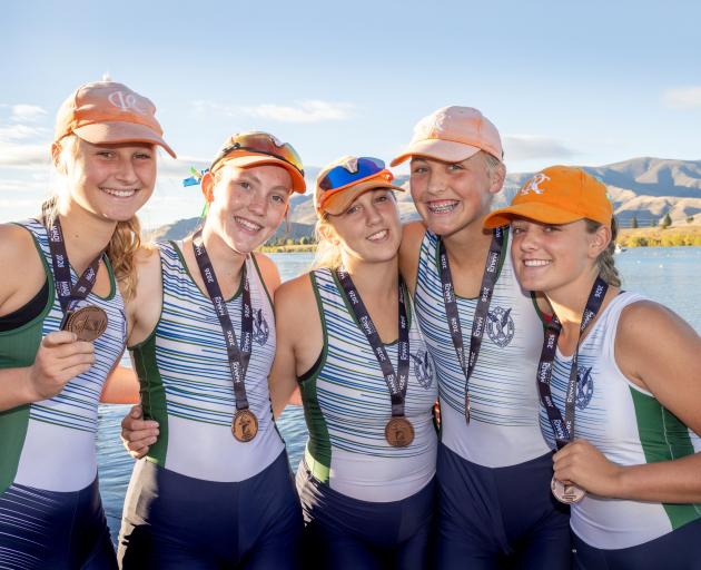Columba crew Jade Bogue, Charlotte Scott, Isla Peddie, Lucy Earl and Livi Campbell after winning...