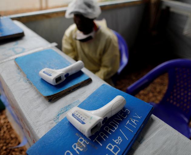 Thermometers are pictured at the entrance of an Ebola Treatment Centre in the Eastern Congolese...