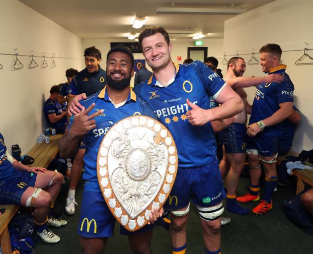Otago locks Joseva Tamani (left) and Will Tucker celebrate with the Ranfurly Shield. PHOTO:...