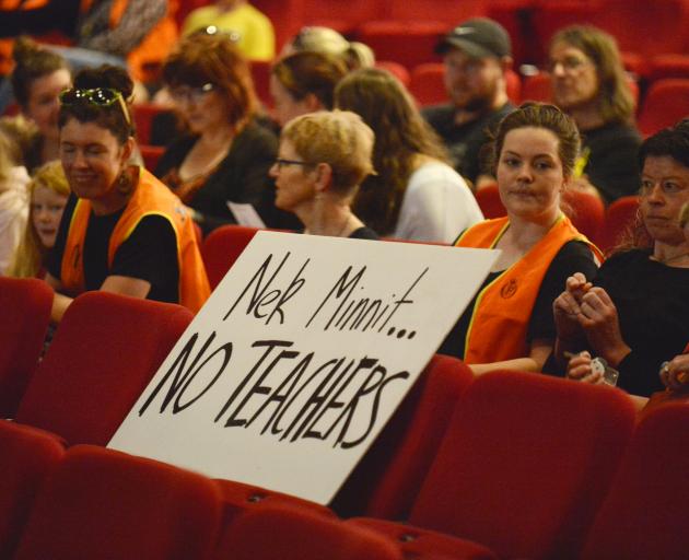 Teachers gathered at the Regent Theatre this morning. Photo: Gerard O'Brien