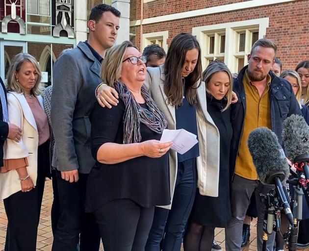 Diane Hunt, mother of slain constable Matthew Hunt, speaks outside the courthouse. Photo: Craig...