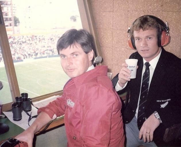 John McBeth (left) commentates his second All Blacks test, with All Blacks great Grant Fox, at...