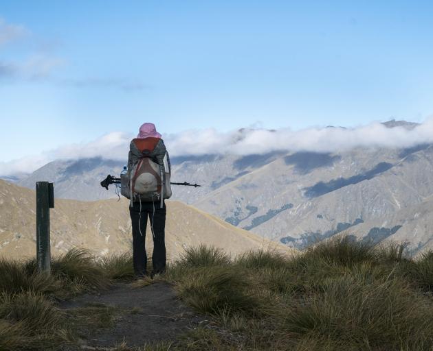 Tauranga tramper Joanne Bruce crests a ridge on Shania Twain’s Motatapu alpine track, which forms part of New Zealand’s 3000km Te Araroa Trail. Photo: Scott K MacLeod