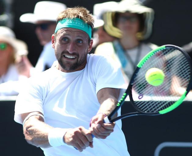 Tennys Sandgren plays a backhand at the ASB Classic final in Auckland. Photo: Getty Images
