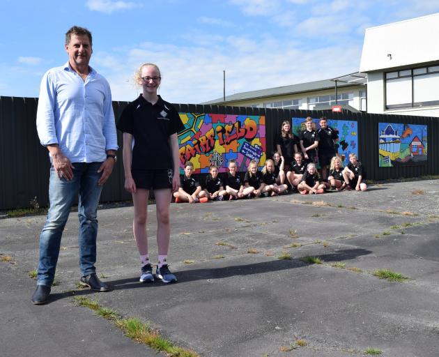 Peter Gouverneur and Annalise MacDonell with pupils from Fairfield School. PHOTO: SHAWN MCAVINUE