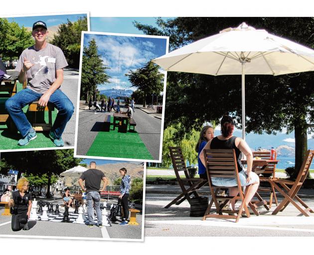 Deputy mayor Calum MacLeod and pedestrians and cyclists using car-free streets in Wanaka...
