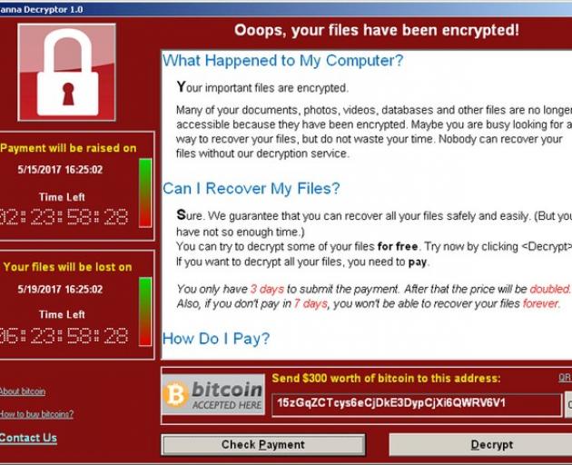 A screenshot shows a WannaCry ransomware demand, provided by cyber security firm Symantec. Photo: Reuters