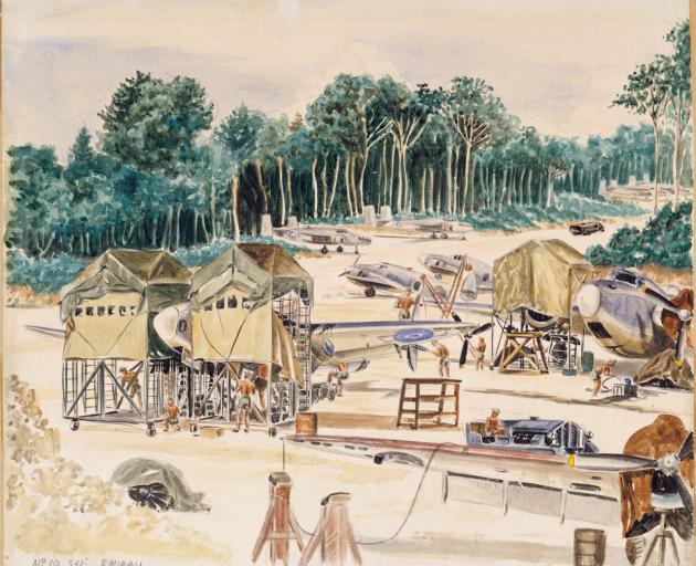 R. Maurice Conly’s 1944 watercolour of a flying boats base in the islands. Photo: Archives NZ,...