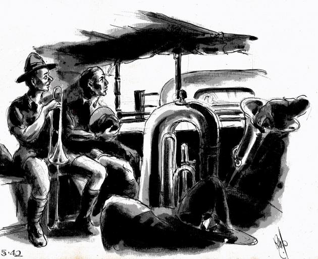 Band on the road, from one of Ralph Miller’s sketchbooks. Photo: Miller Family Archives