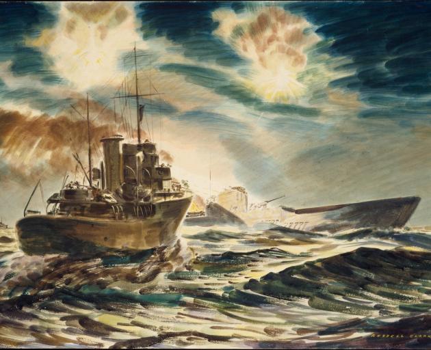 Russell Clark’s ‘‘Night action off Guadalcanal’’ with HMS Kiwi and a submarine.  Photo: Archives...