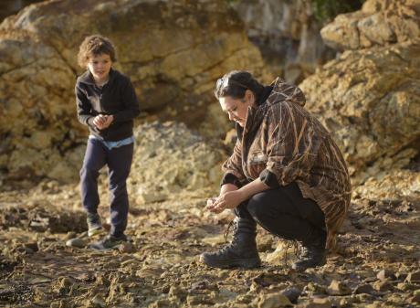 Sarah Hudson and her daughter Te Po Ataru (6) search for earth pigments at Whakaohorahi Broad Bay...