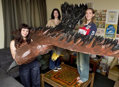 Dunedin sculptor Maleah Abbott-Newland (left) has created a life-size Haast eagle in her flat,...