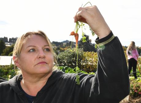 Greater Green Island community garden curator Jules Haldane holding leftover carrots after a...