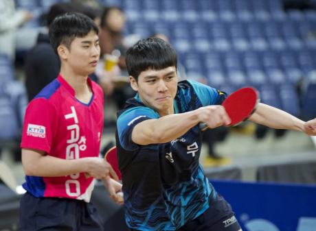 South Korean Army table tennis team representatives (from left) Yechan Yang, 22, Gihun Lee, 22,...