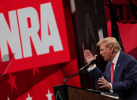 Donald Trump delivers a speech during the annual National Rifle Association meeting in Dallas,...