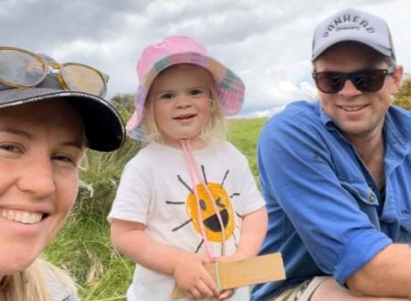 Southland farmers Alexis and Nick Wadworth with their daughter Addison, 3. PHOTO: SUPPLIED