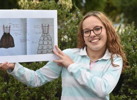 Bayfield High School German exchange student Janne Olimsky with her costume design yesterday....