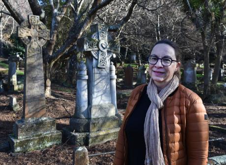 Author Karen Wrigglesworth visits the grave of James Balfour, a marine engineer who designed the...