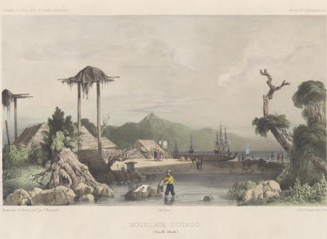 Ships at anchor near Ōtākou kāika in 1840 are depicted in this hand-coloured lithograph by P....