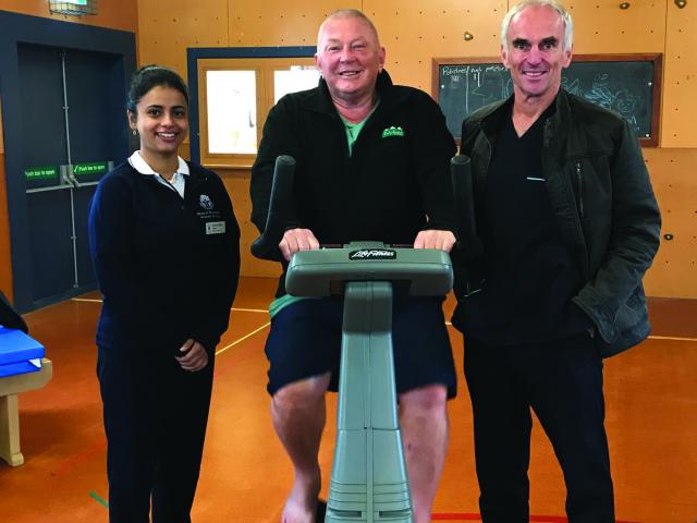 Physiotherapy student Aman Riar, patient Gerald Crawford and Senior Physiotherapist Martin Kidd