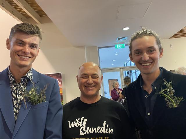 At the Wild DunedinFestival Launch March 2020.    Left: Taylor Davies-Colley, centre Professor...