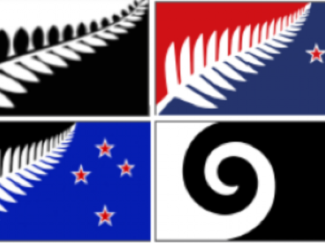 The final four (clockwise from top left) are Silver Fern (black and white) by Alofi Kanter; Silver Fern (red, white and blue) by Kyle Lockwood; Silver Fern (black white and blue) by Kyle Lockwood; and Koru by Andrew Fyfe.