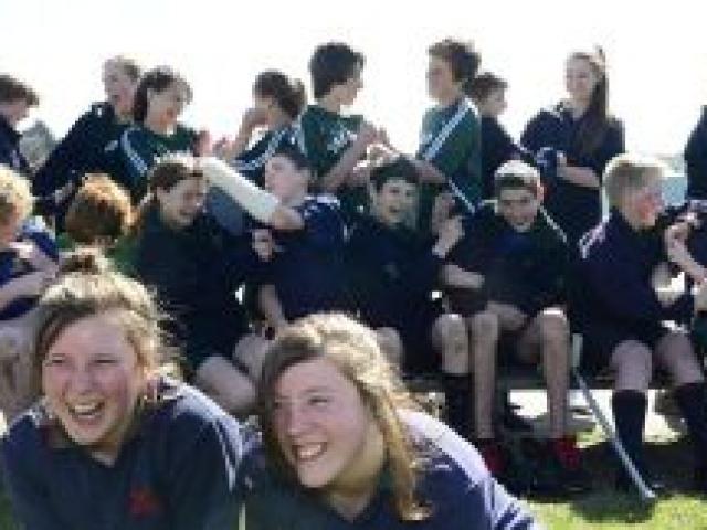 Posing for a photo before pandemonium broke out are Tahuna Normal Intermediate School twins with their class mates. Photo by Peter McIntosh.