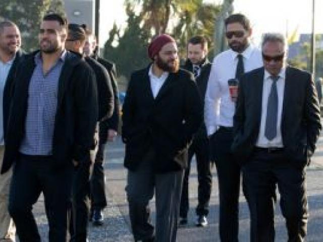 Liam Messam, Piri Weepu, Ross Filipo, rugby commentator Ken Laban and Sonny Bill Williams arrive for Jerry Collins' funeral service. Photo: NZ Herald 