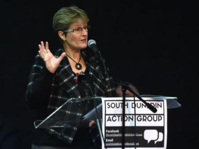 Dunedin City Council chief executive Sue Bidrose speaks at a heated meeting on the future of South Dunedin yesterday evening. Photo by Peter McIntosh.