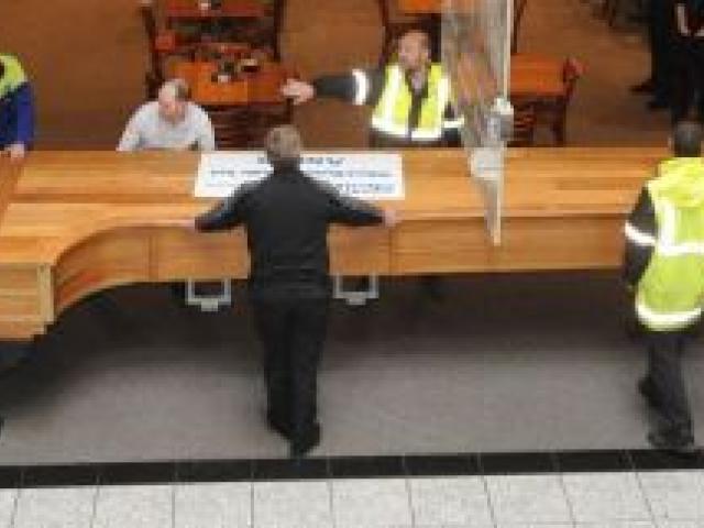 The world's longest piano is set in place at the Otago Museum where it will be on display until December 6. Photo by Craig Baxter.