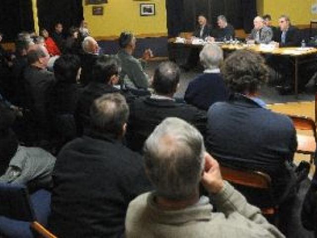 Dunedin City Council Mosgiel-Taieri ward candidates (from left) Malcolm Anngow, Syd Brown, Maurice Prendergast, Craig Watson  and Kate Wilson, answer questions at a candidates meeting at Outram last night. Photo by Peter McIntosh.