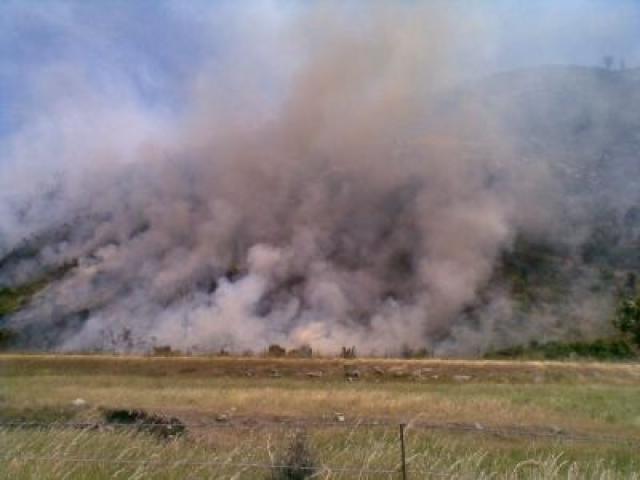 A fire blazes in Waimate, South Canterbury, today. Photo by David Bruce.