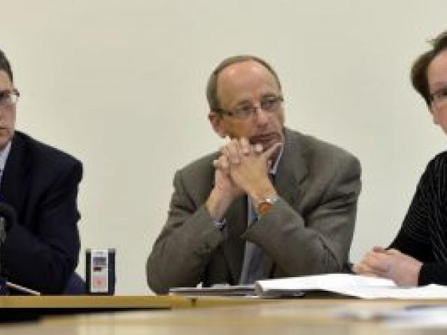 Dunedin City Council chief executive Paul Orders (left), operations general manager Tony Avery and water and waste services manager Laura McElhone during the  council's water and wastewater meeting yesterday. Photo by Peter McIntosh.
