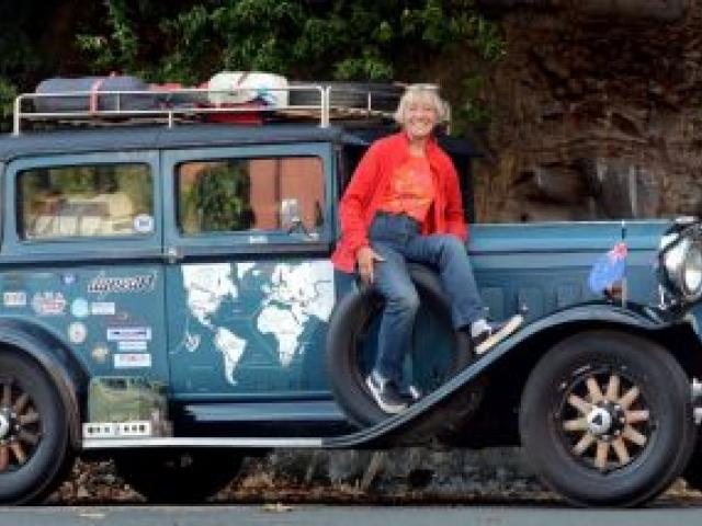 Heidi Hetzer with her 1930 Hudson Great Eight in Dunedin yesterday. Photo by Peter McIntosh.